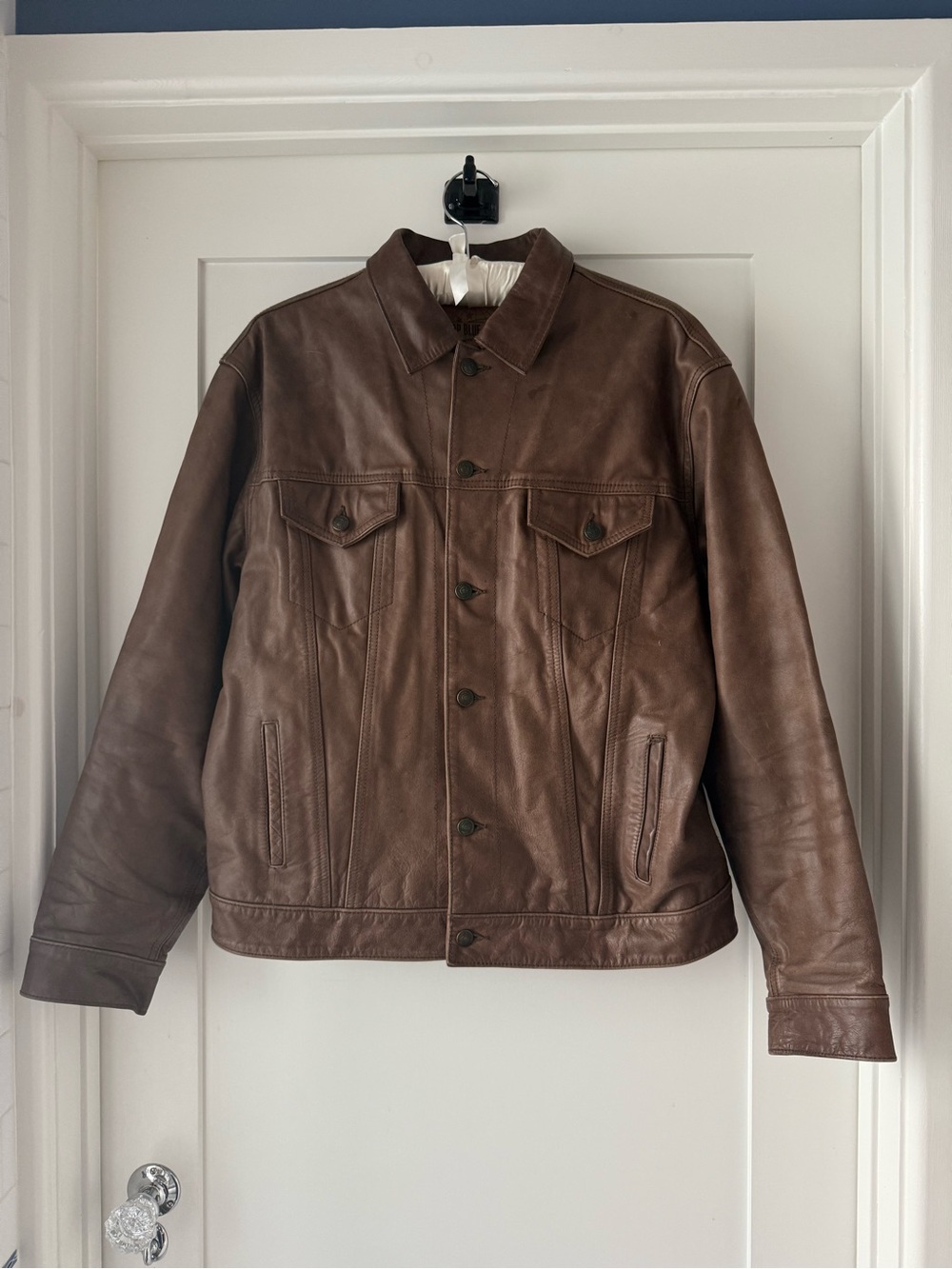 Vintage GAP Blue Jeans Brown Distressed Leather Jacket Men’s